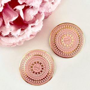 Large Round Medallion Disc Embossed Lightweight Goldtone and Pink Boho E…